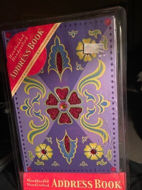 New in pkg-Morocco Hand-beaded lilac-red -Purple-tan Address Book. 3 Ring binder
